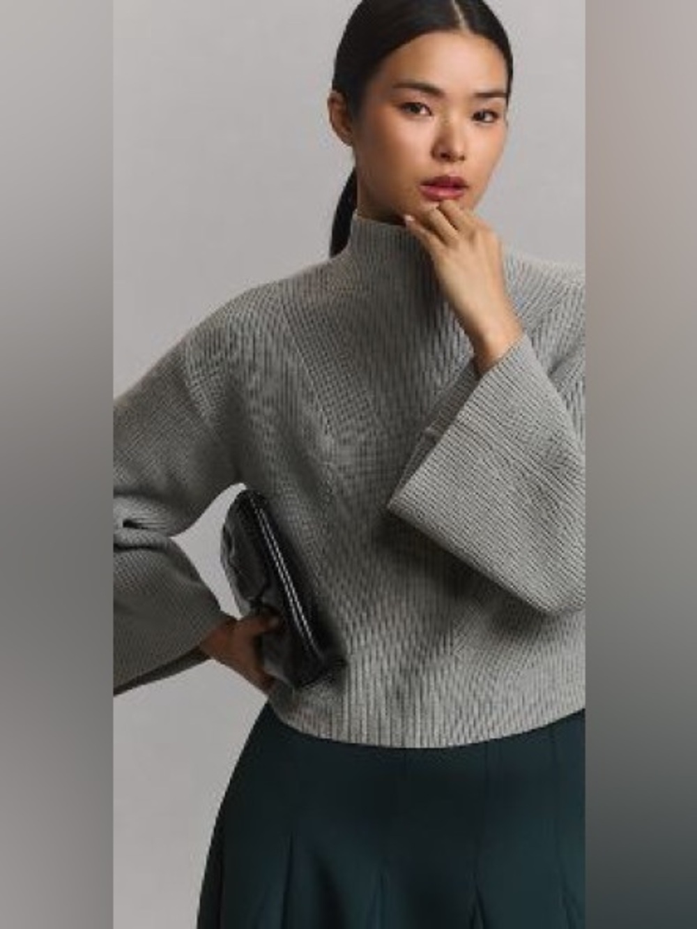 Anthropologie Maeve The Katey Mock Neck Bell Sleeve Sweater Grey Sz Small NWT - Picture 1 of 5
